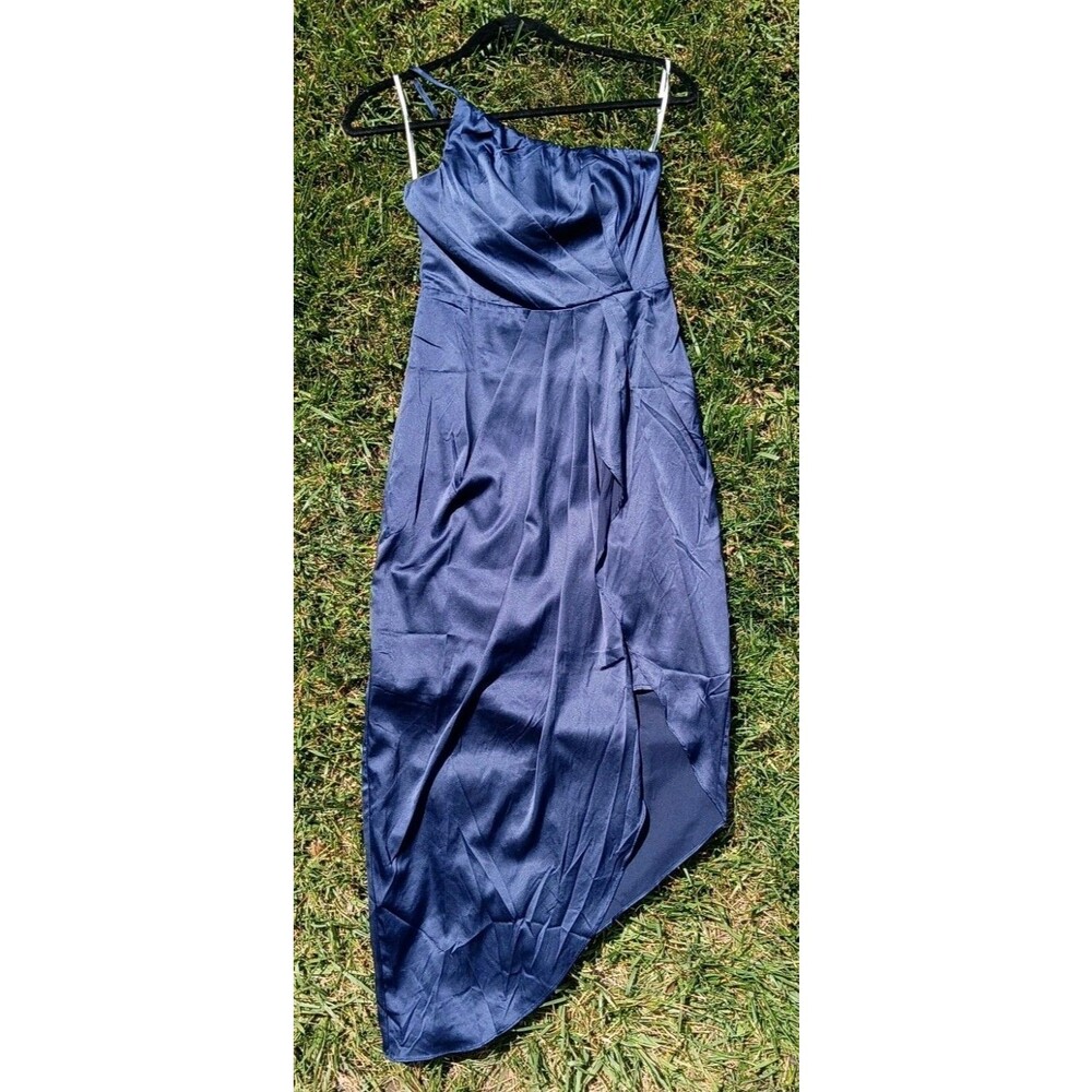Navy Satin Slip Midi Dress Cowl Neck Minimalist Wedding Guest Date Night Small